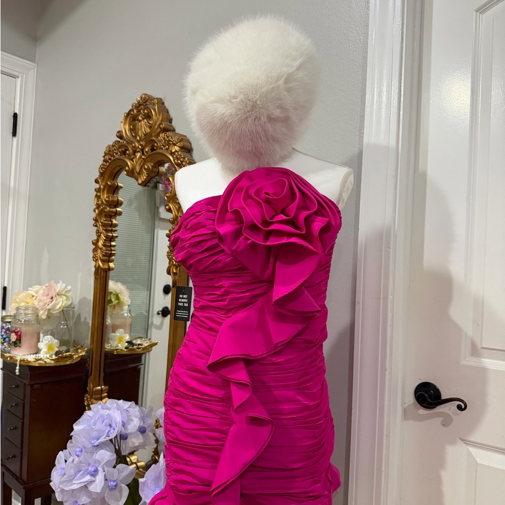 Express Fuchsia One-Shoulder Ruffled Prom Dress - Picture 3 of 3
